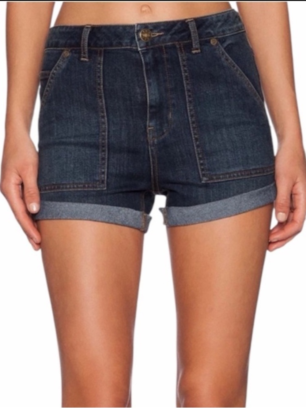 Free People Lily High-Rise Patch Pocket Denim Shorts Dark Blue Roll-Hem